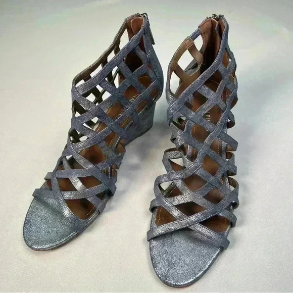 Donald J Pliner Womens 8.5 Wedge Sandal Metallic Blue Gray Strappy Cage 9.5 NEW - Picture 2 of 12